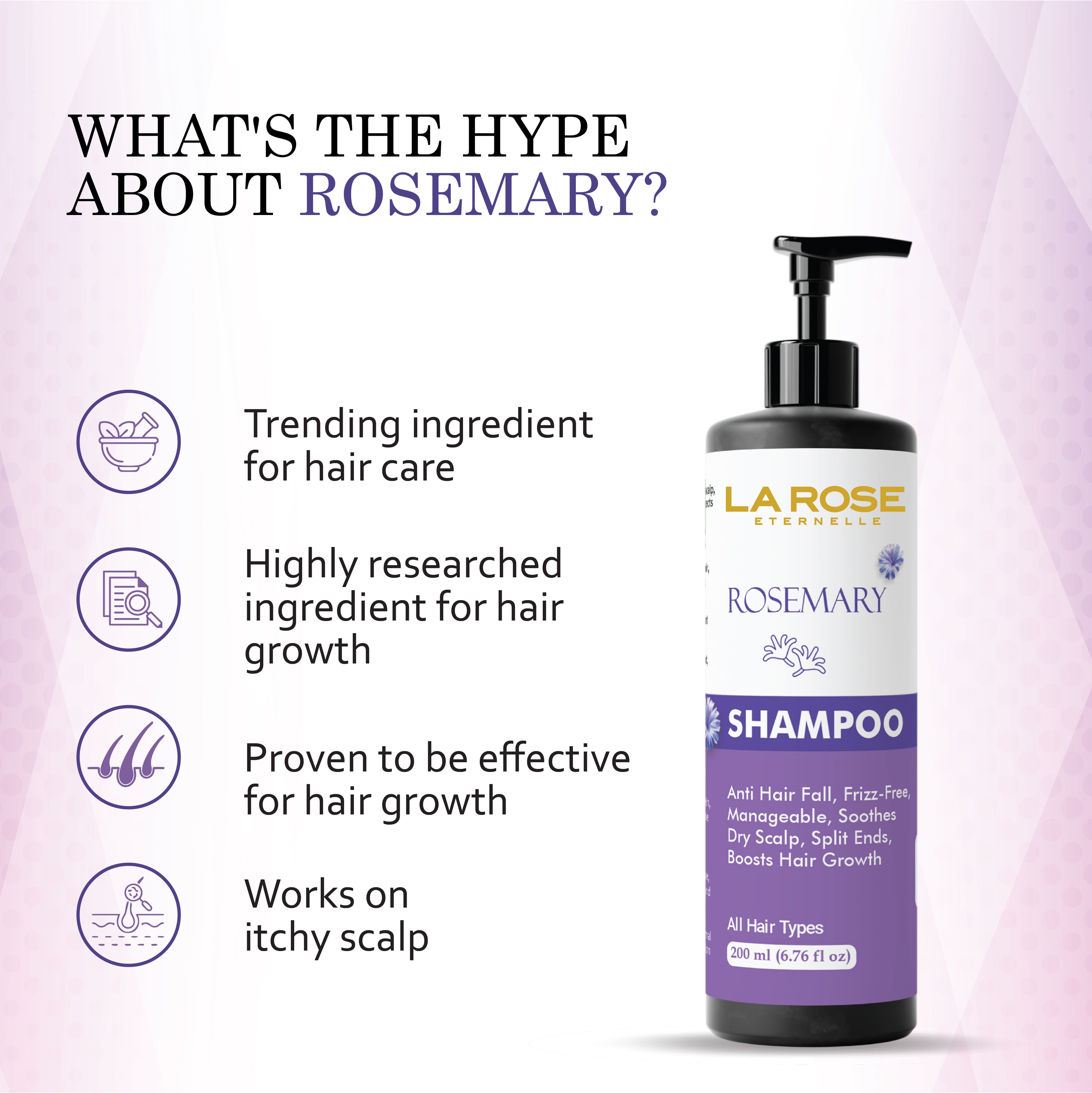 La Rose Eternelle Rosemary Shampoo, Anti Hair Fall, Frizz-Free, Split Ends Treatment, All Hair Types, 200ml
