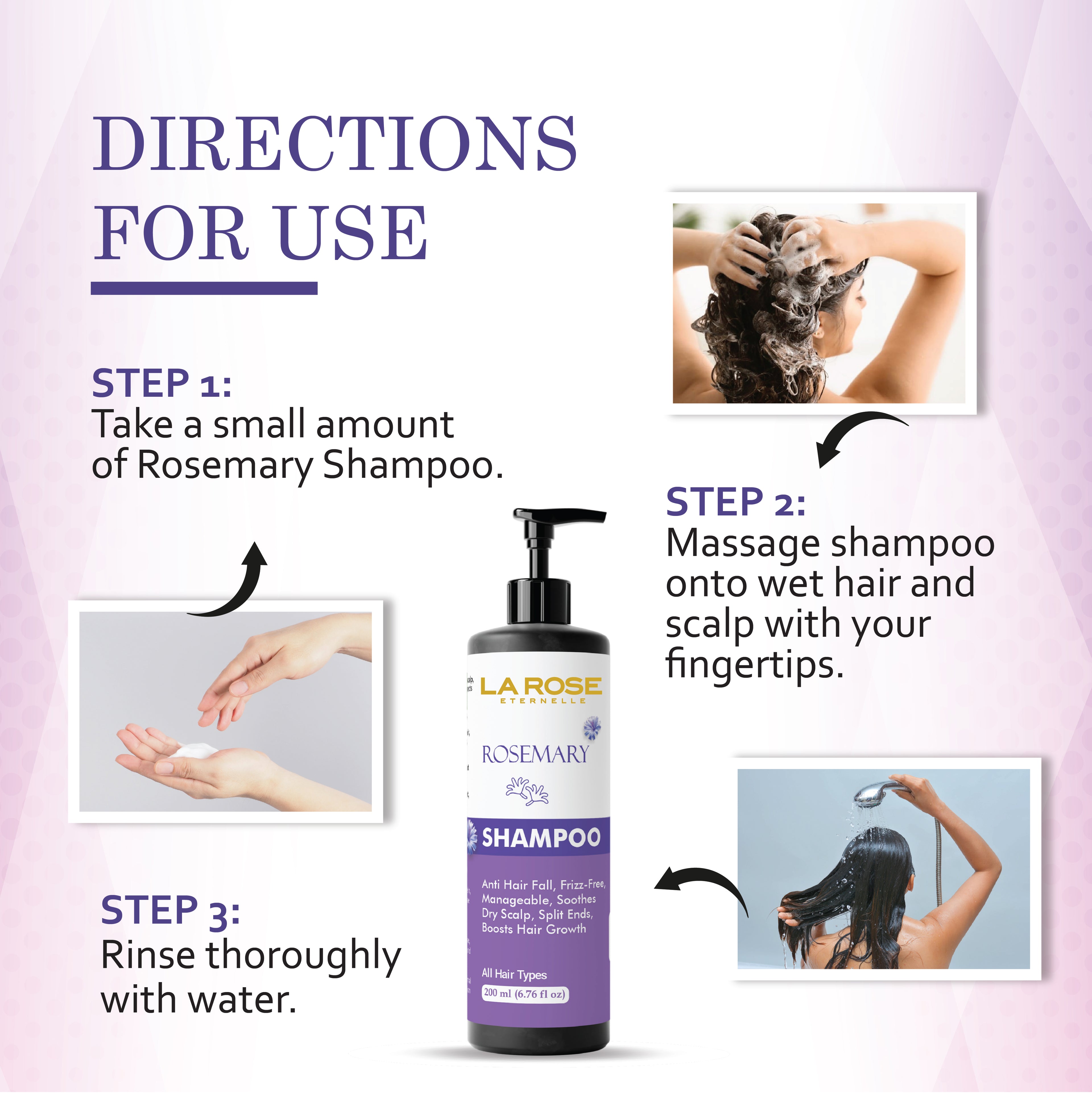 La Rose Eternelle Rosemary Shampoo, Anti Hair Fall, Frizz-Free, Split Ends Treatment, All Hair Types, 200ml