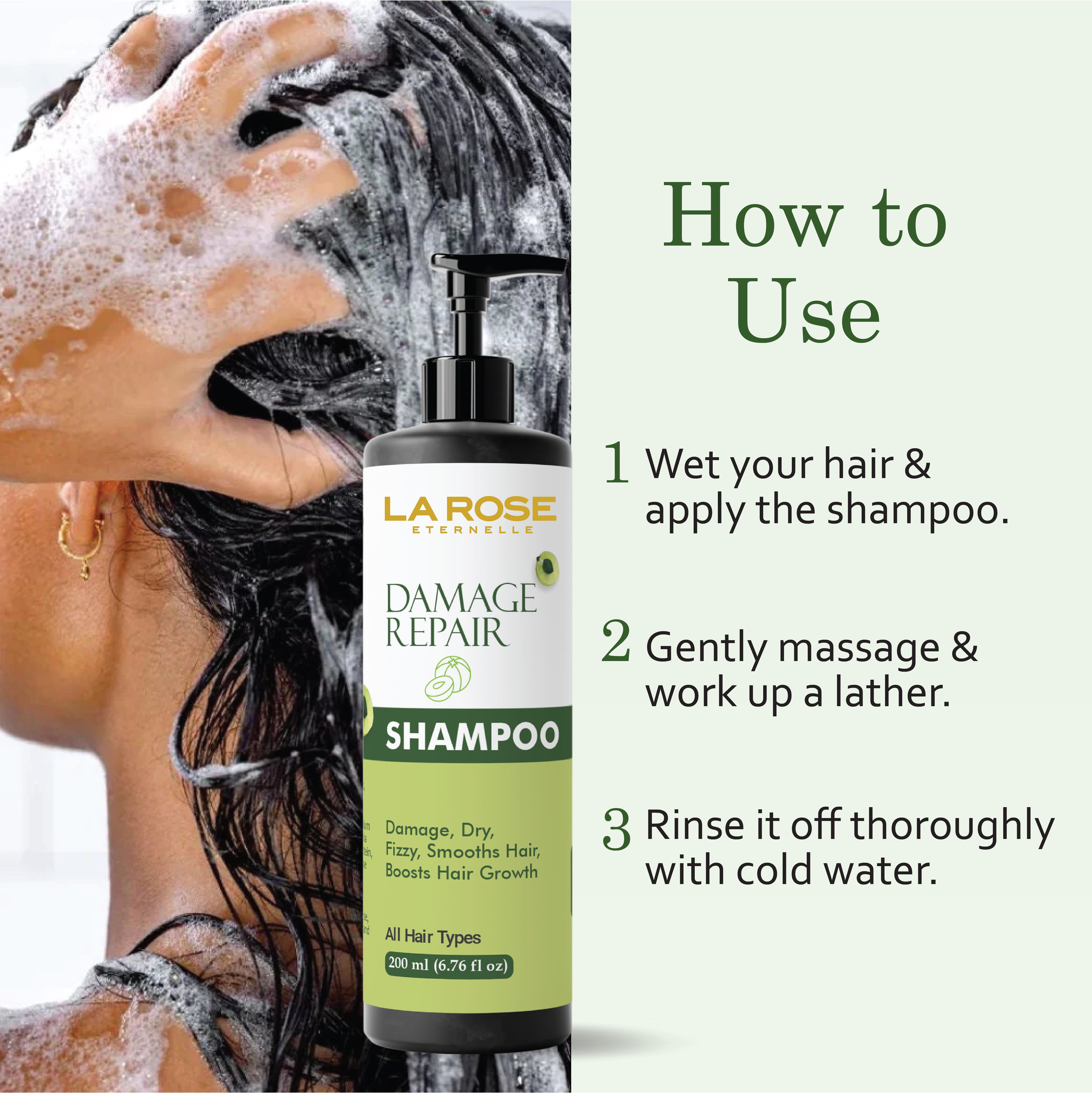 La Rose Eternelle Damage Repair Shampoo for All Hair Types, Dry and Frizzy Hair Treatment, Smooths Hair, Boosts Growth, 200ml