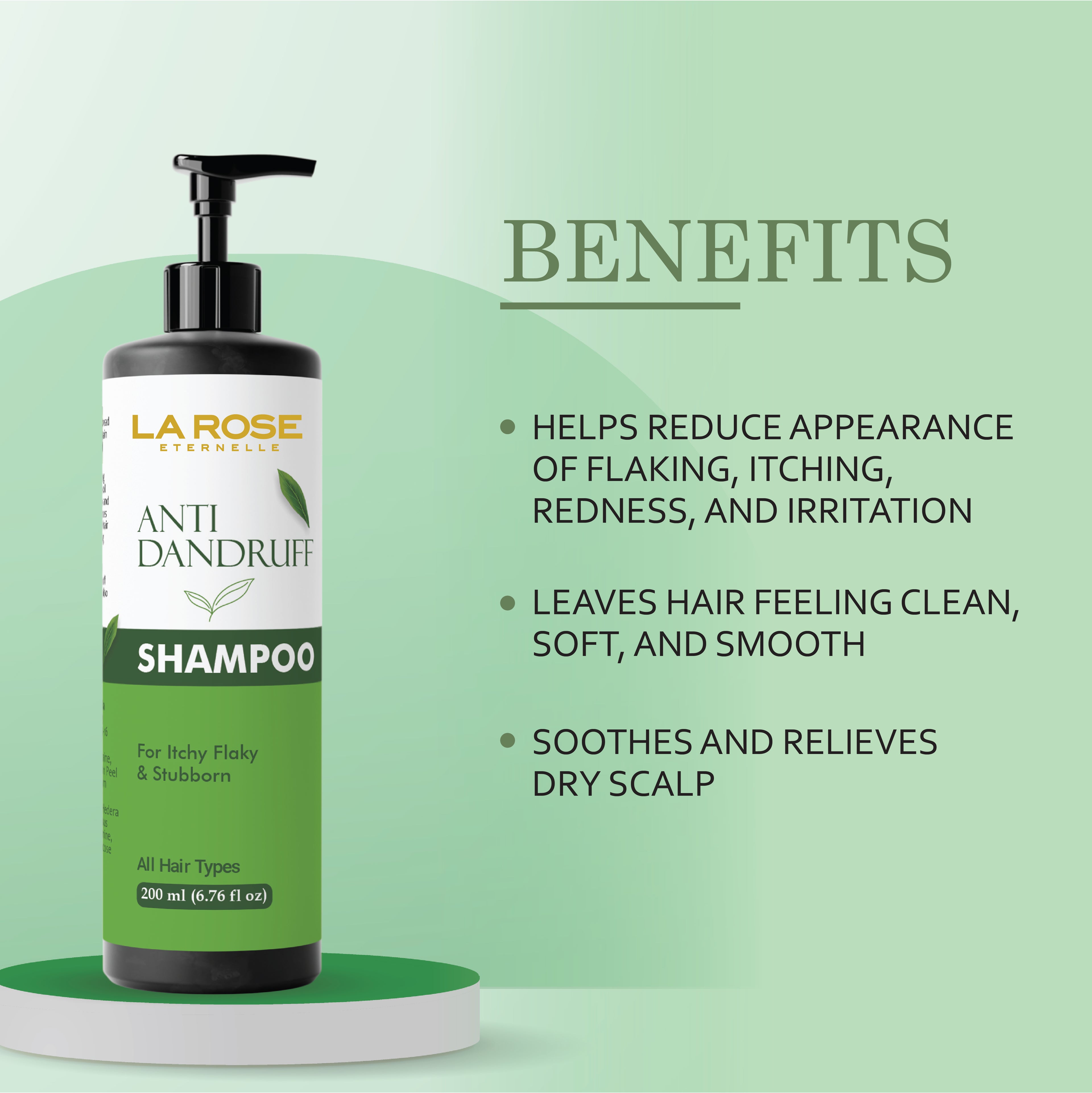 LA ROSE Anti Dandruff Shampoo for Itchy Flaky Stubborn Hair, All Hair Types, 200ml (6.76 fl oz)