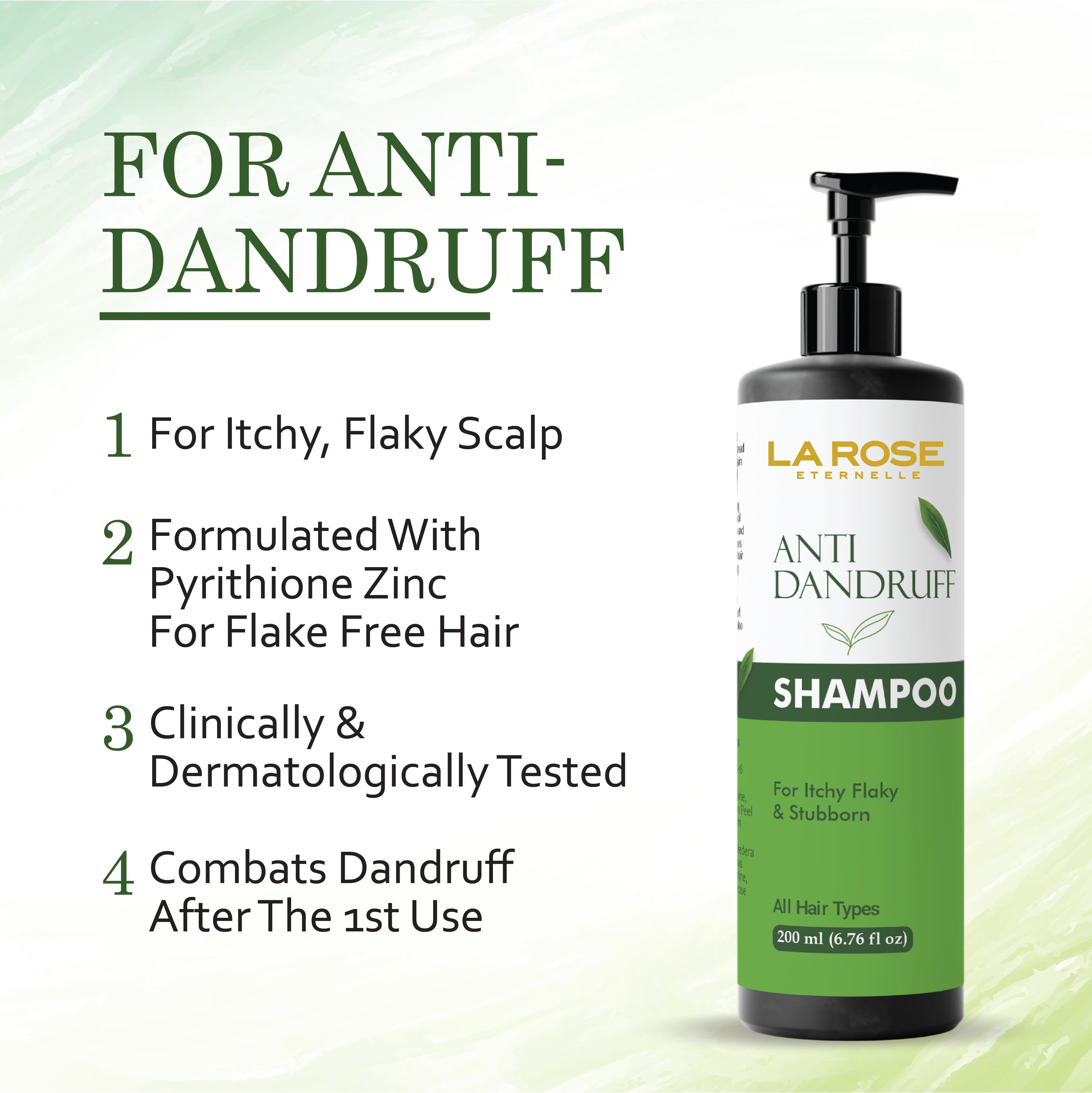 LA ROSE Anti Dandruff Shampoo for Itchy Flaky Stubborn Hair, All Hair Types, 200ml (6.76 fl oz)