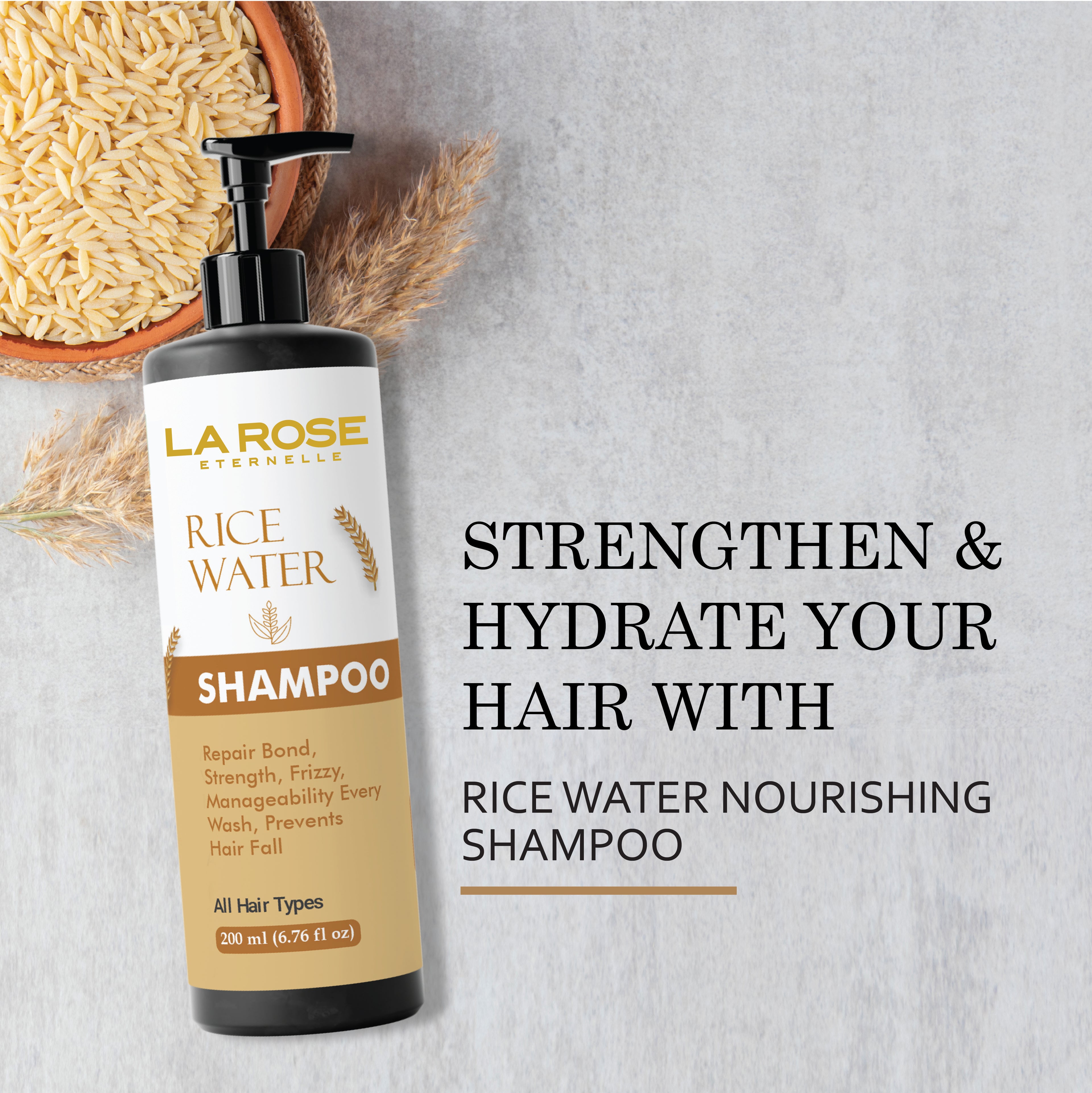 La Rose Eternelle Rice Water Shampoo for All Hair Types, Repair Bond Strength, Prevents Hair Fall, 200ml