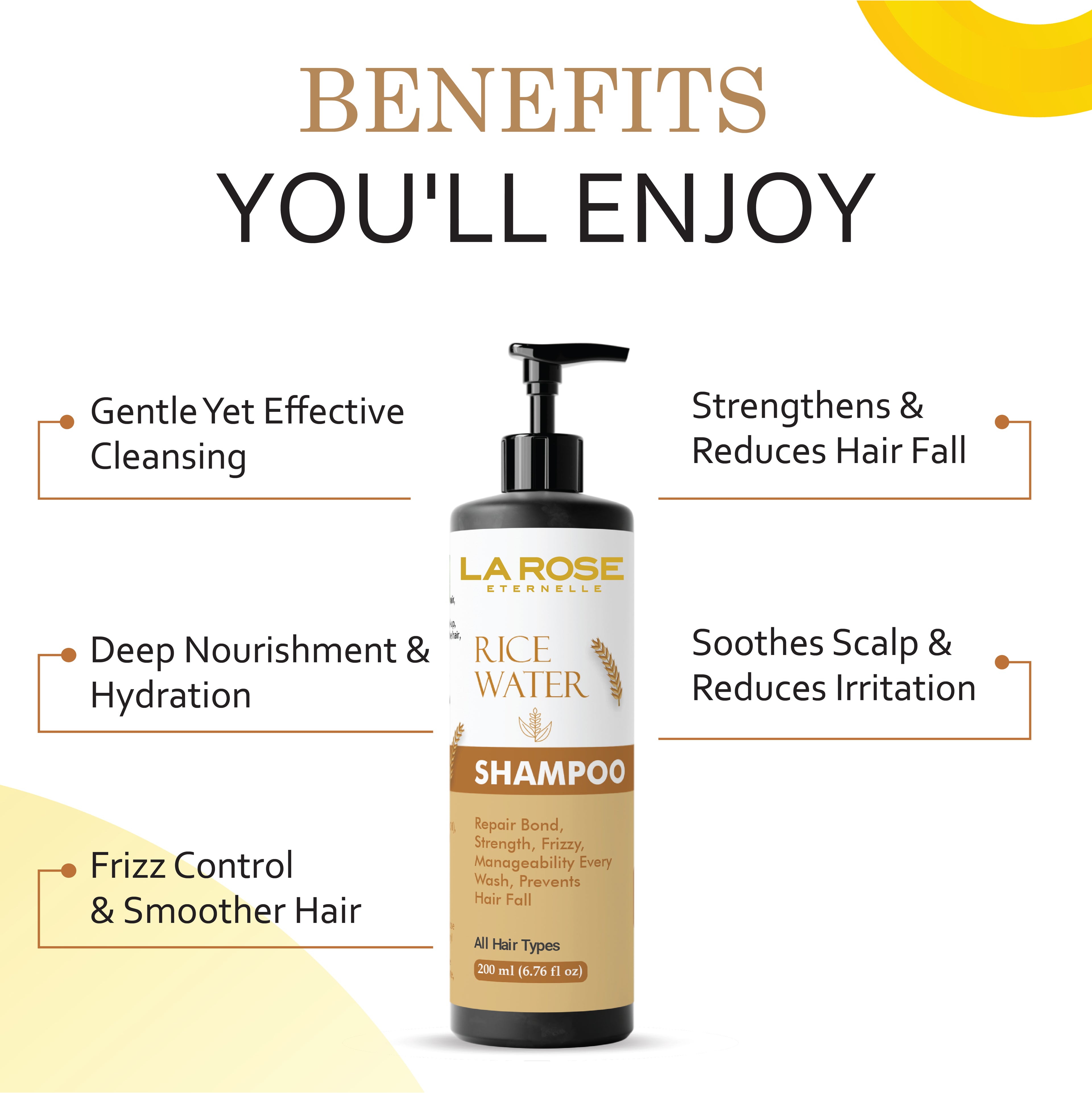 La Rose Eternelle Rice Water Shampoo for All Hair Types, Repair Bond Strength, Prevents Hair Fall, 200ml